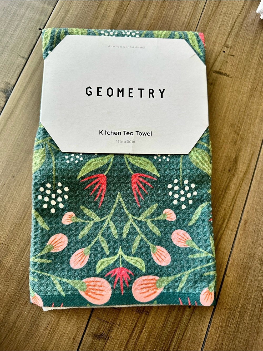Geometry Floral Kitchen Tea Towel – Green with Pink & Red Accents